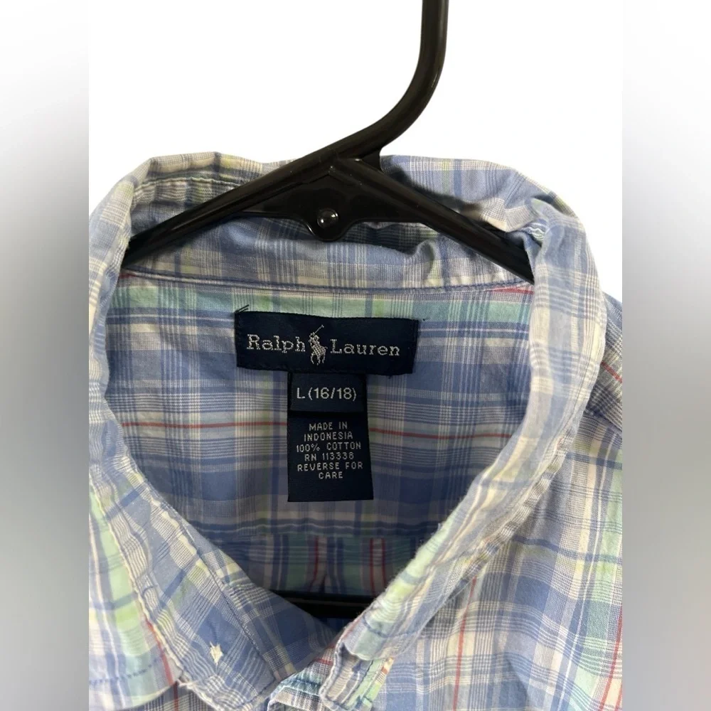 Ralph Lauren blue plaid short sleeve button down shirt